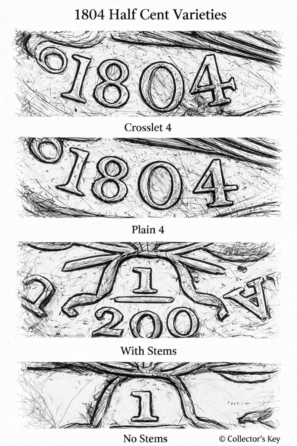 1804 Half Cent Varieties: Crosslet 4, Plain 4, Stems, and Stemless